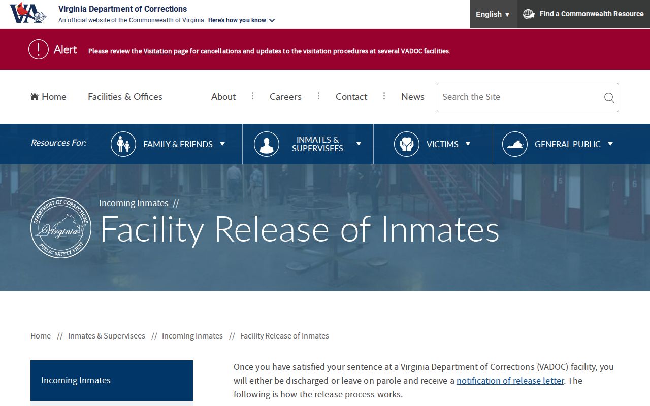 VADOC facility release process for Hampton state offenders